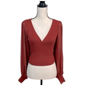 Urban Outfitters Rust Wrap Blouse with Sheer Sleeves